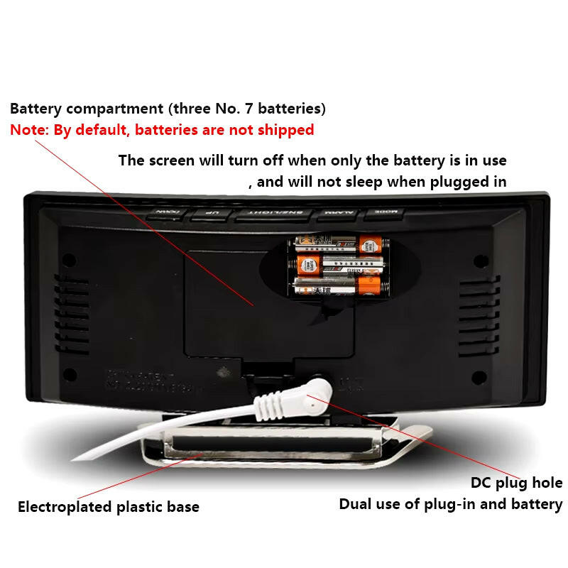 Creative Curved LED Alarm Clock with Dual-Purpose Mirror Design.