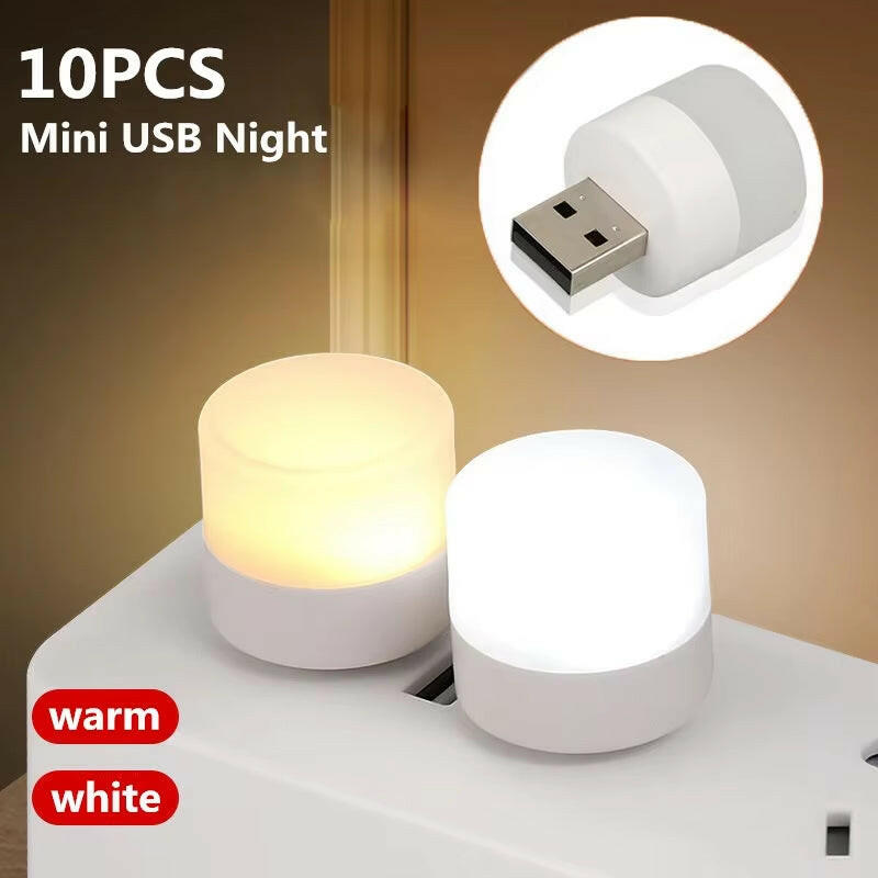 Two mini USB night lights with warm and white options on a beige background.