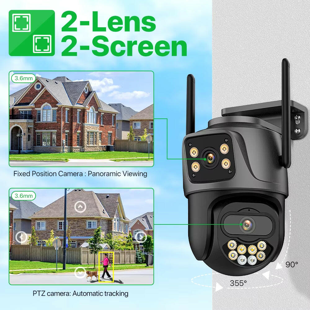 External 4K Dual Lens PTZ WiFi Camera - 8MP HD Outdoor IP Surveillance with 4MP Auto Tracking and Icsee P2P Technology.