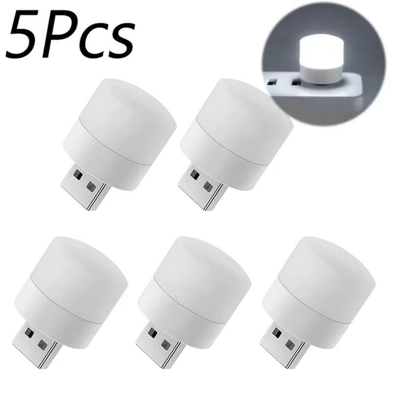 Five white USB light bulbs on a white background with an inset showing one bulb attached to a wall socket.
