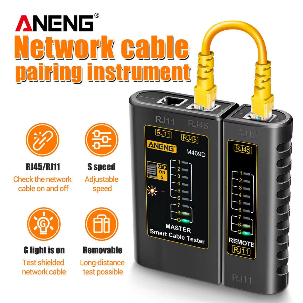 M469D Professional Network Cable Tester for RJ45, RJ11, RJ12, CAT5, and UTP - Essential Tool for Cable Diagnostics and Repair.