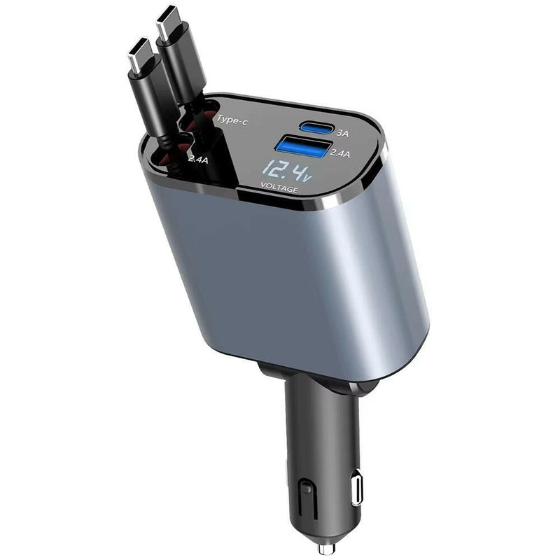 120W 4-in-1 Retractable Car Charger with USB Type-C Fast Charging for iPhone, Xiaomi, Huawei, and Samsung.