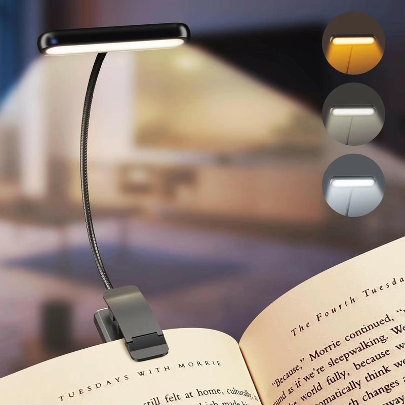 LED Rechargeable Clip-On Reading Light with Adjustable Dimming and Flexible Neck for Eye Comfort.