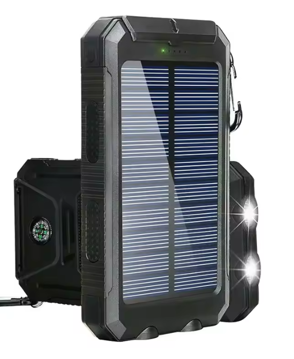 Black solar-powered portable charger with a visible solar panel on a white background. Waterproof solar power bank with 20000mAh capacity for reliable outdoor charging and energy efficiency. Front facing picture.