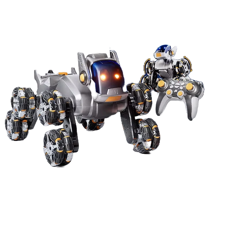 Intelligent Remote Control Robot Dog with Eight Wheels and Tail Spray Stunt Features - Four Skill Functions for Children.