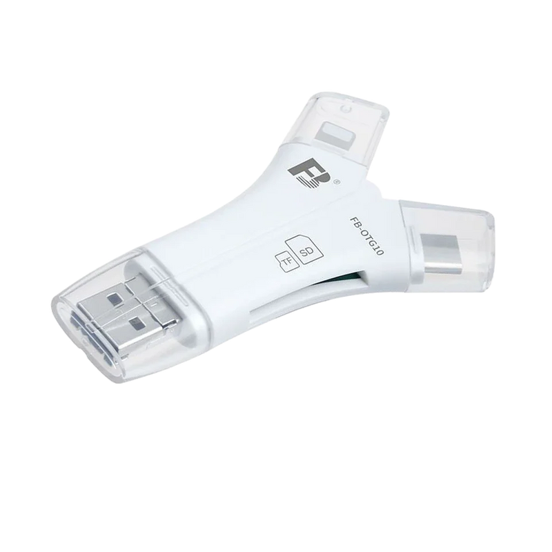 FB-OTG10 Y-Type Card Reader 4-In-1 Lightning Micro USB Type-C USB-A Port Supports TF SD Card for Data and Photo Transmission.