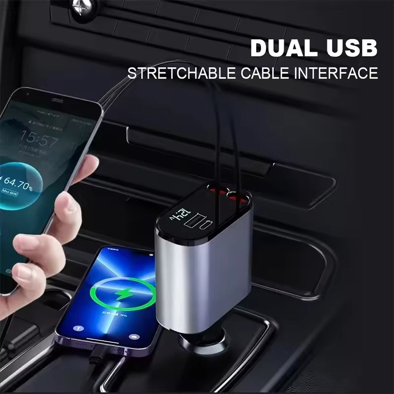 120W 4-in-1 Retractable Car Charger with USB Type-C Fast Charging for iPhone, Xiaomi, Huawei, and Samsung.