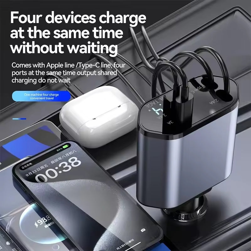 120W 4-in-1 Retractable Car Charger with USB Type-C Fast Charging for iPhone, Xiaomi, Huawei, and Samsung.