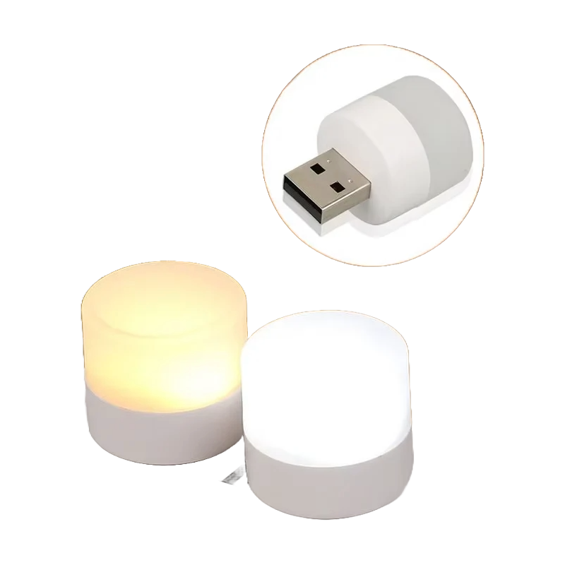 Two cylindrical LED lights with a close-up of a USB connector on a white background