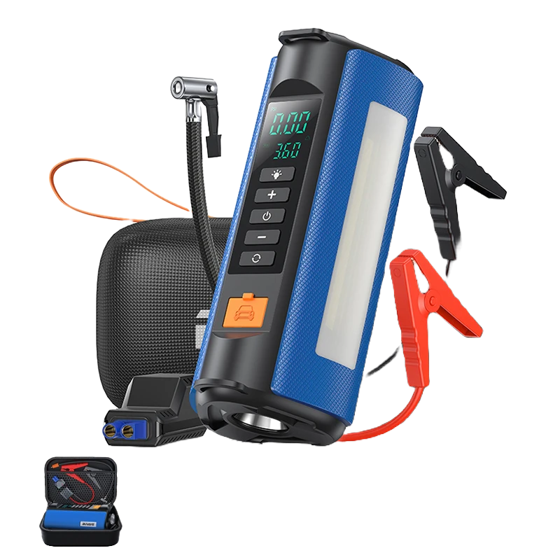 BUVAYE 2000A Professional Car Battery Jump Starter with Built-in 150PSI Air Pump and USB Power Bank for 12V Vehicles.