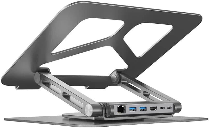 Metallic laptop stand with multiple ports on a white background