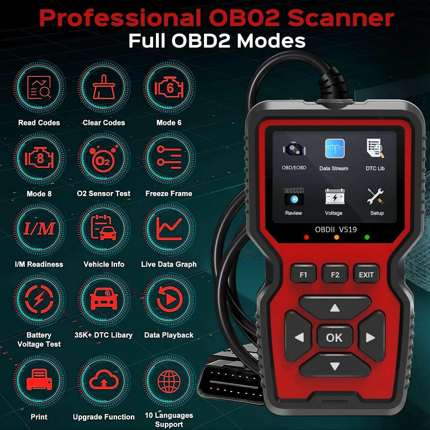 Professional OBD2 Scanner with Live Data for Comprehensive Vehicle Diagnostics and Check Engine Light Analysis.