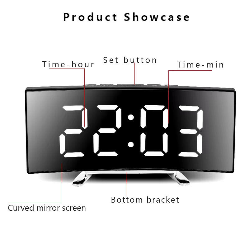 Creative Curved LED Alarm Clock with Dual-Purpose Mirror Design.