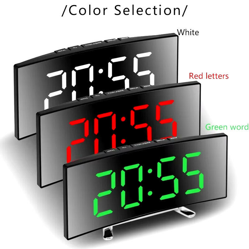 Creative Curved LED Alarm Clock with Dual-Purpose Mirror Design.
