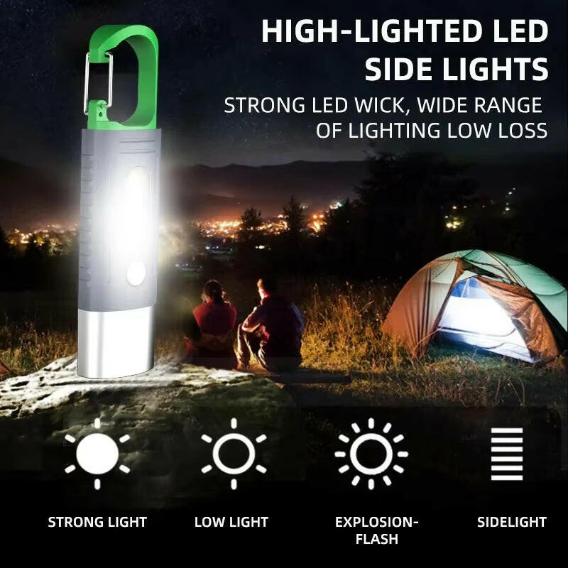 High-Power Mini LED Flashlight for Camping with Telescopic Zoom and Waterproof Design, Featuring 3 LEDs and Side Lights.