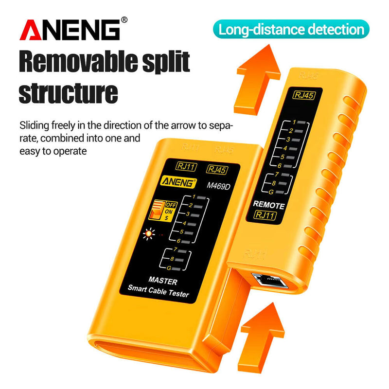 M469D Professional Network Cable Tester for RJ45, RJ11, RJ12, CAT5, and UTP - Essential Tool for Cable Diagnostics and Repair.