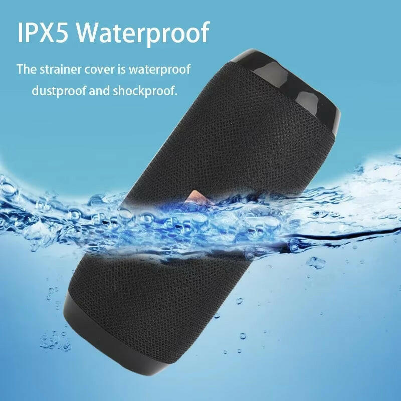 Waterproof Portable Bluetooth Speaker with Subwoofer, AUX, and FM Radio Functionality.
