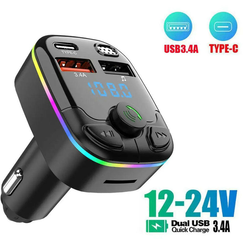 Bluetooth 5.0 Car FM Transmitter PD Type-C Dual USB Ambient Player MP3 Charger Type-C Wireless Light 18W Handsfree PD QC3.0 Y3Z4.