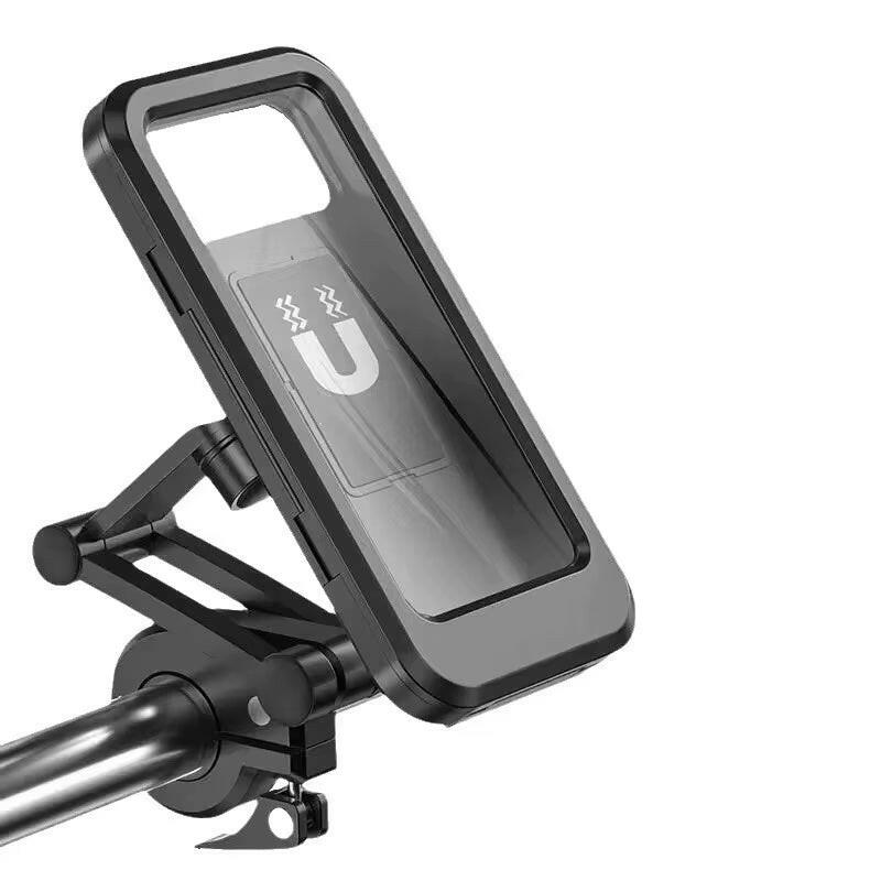 Universal Waterproof Motorcycle and Bicycle Mobile Phone Holder with Magnetic 360° Swivel and Adjustable Features.