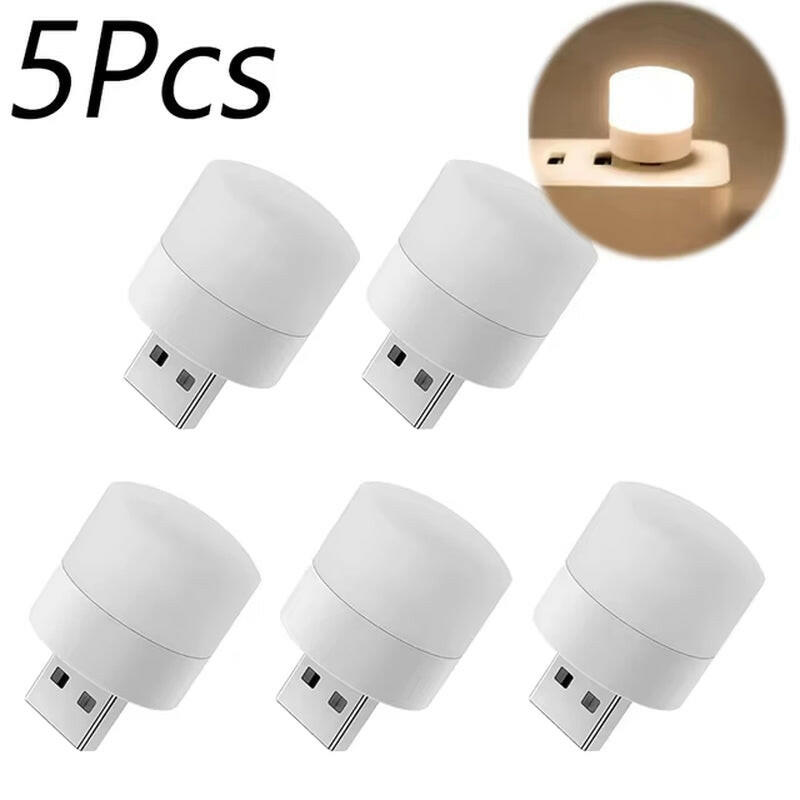 Five white USB light bulbs on a white background with an inset showing a light bulb on a wooden surface.
