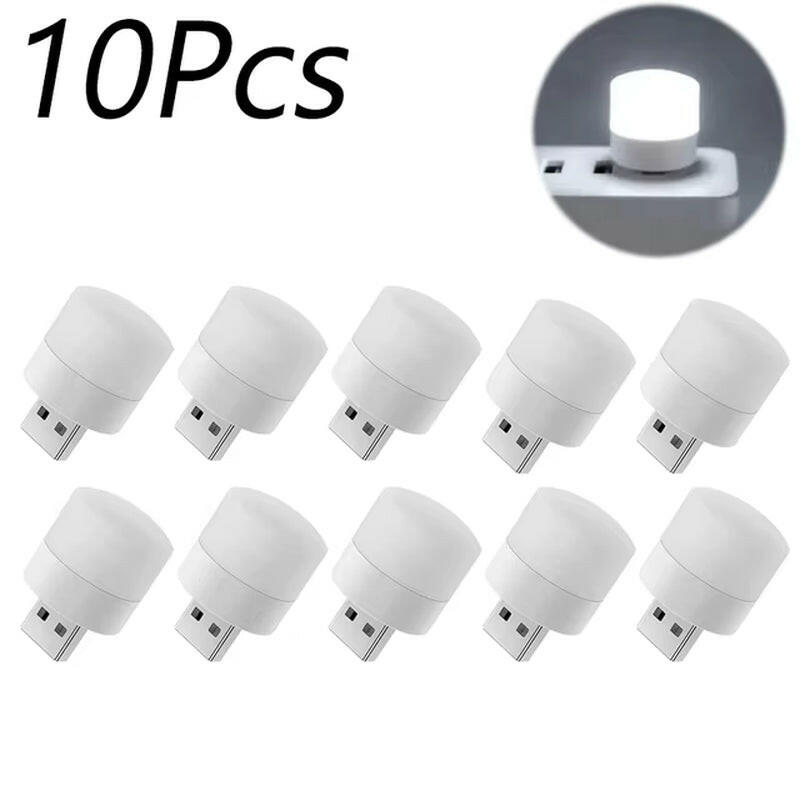 10 white USB light bulbs on a white background with an inset showing one bulb attached to a surface.