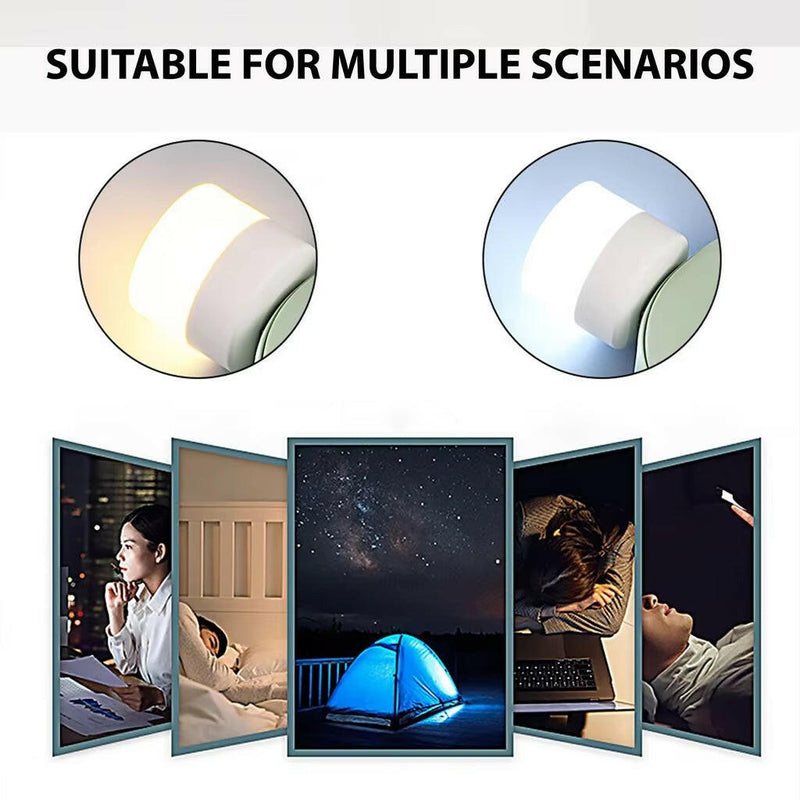 Lighting device shown in various scenarios including a bedroom, outdoor setting, and office.