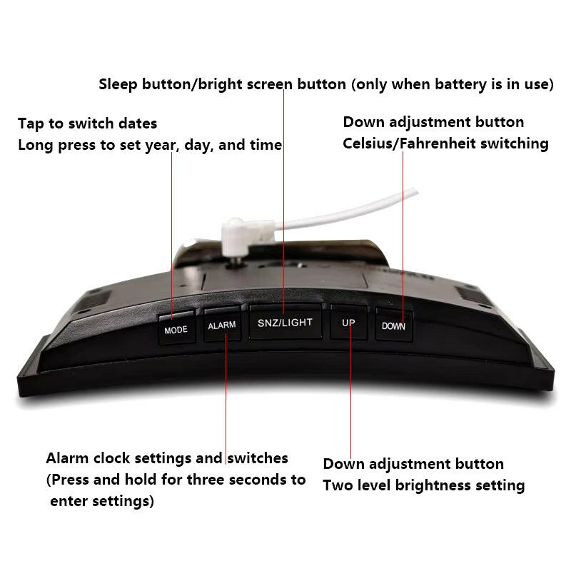 Creative Curved LED Alarm Clock with Dual-Purpose Mirror Design.
