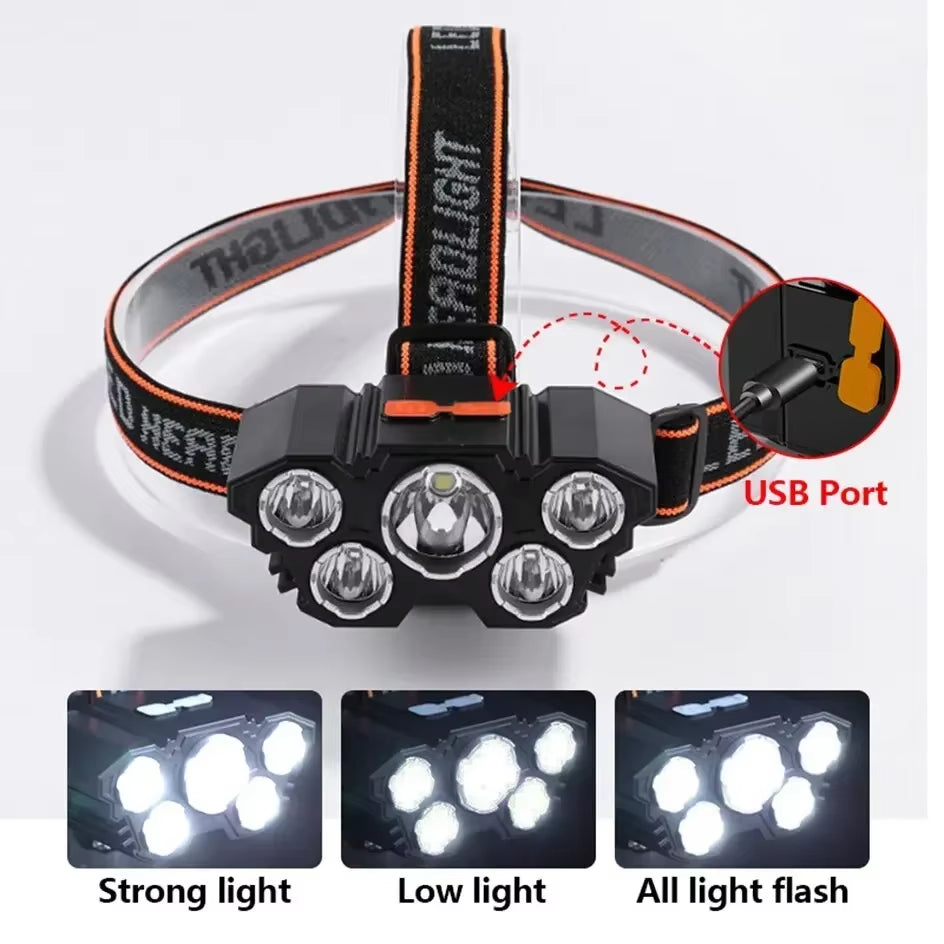 USB Rechargeable 5-LED Headlamp