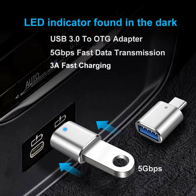 LED USB 3.0 to Type-C Adapter - OTG USB-C and USB-A to Micro USB Female Connector for Samsung, Xiaomi, and POCO Devices.