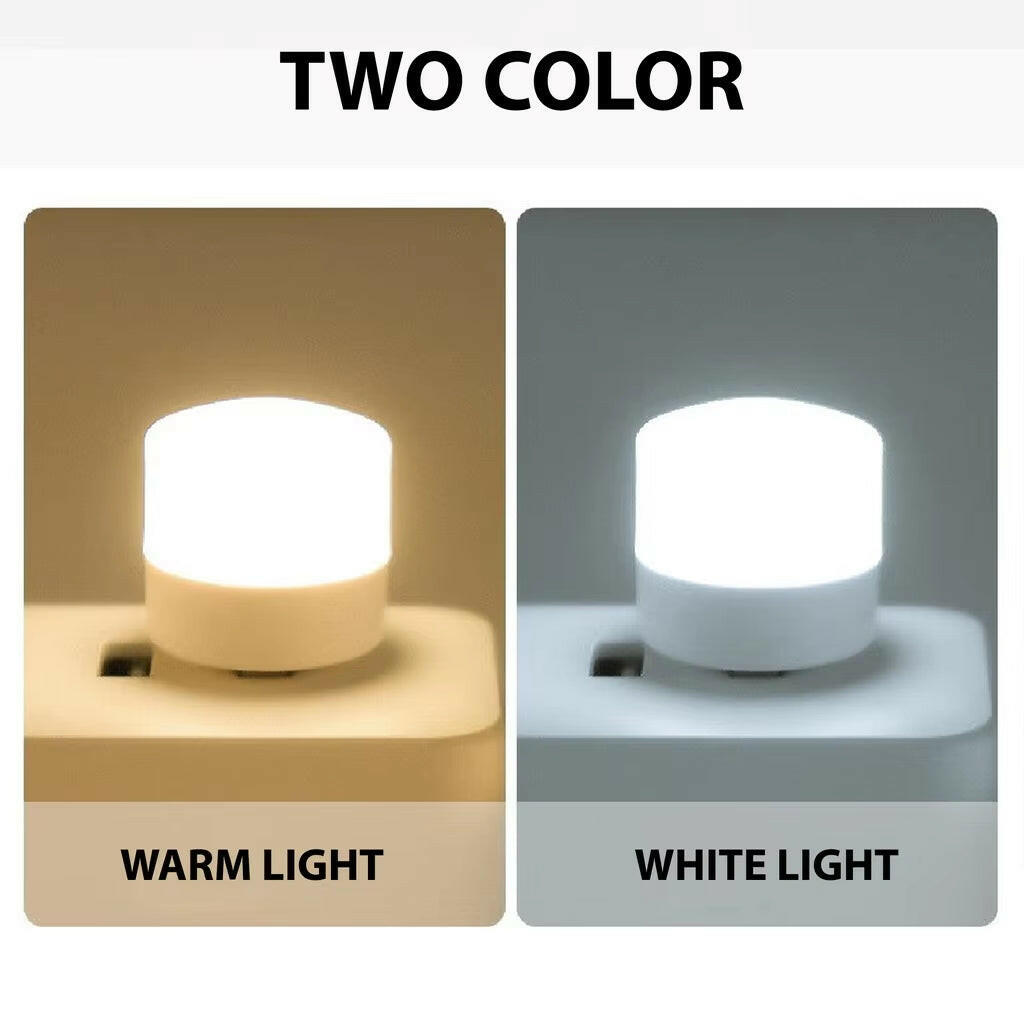 Two light bulbs emitting warm and white light on a gray background.