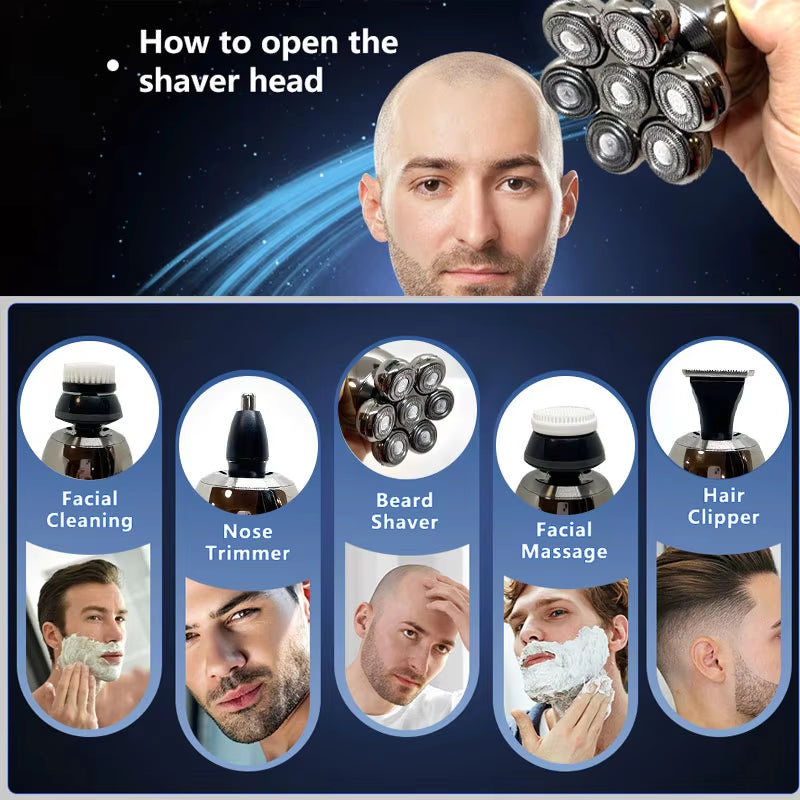 7 Head Electric Shaver for Men - Advanced 7D Floating Cutter, IPX5 Waterproof, USB Wireless Charging, and Multi-Grooming Kit.