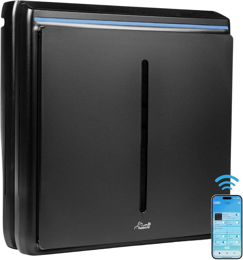 Rabbit Air A3 SPA-1000N Ultra Quiet HEPA Air Purifier - Wall-Mountable Solution for Large Spaces, Effectively Eliminates Allergens, Dust, Mold, Smoke, and VOCs (Black, Germ Defense Filter).