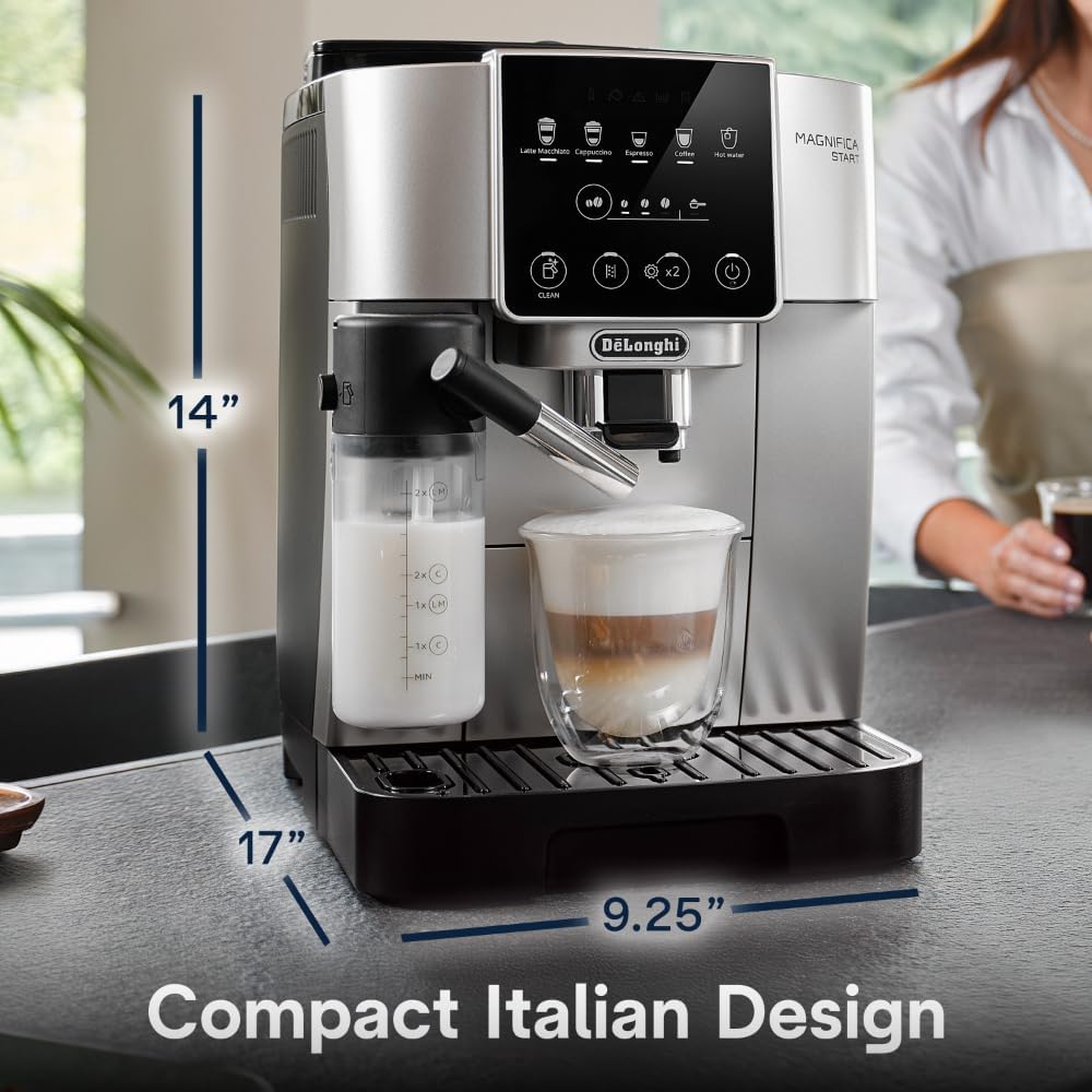 De'Longhi Magnifica Start Fully Automatic Espresso Machine with Integrated Milk Frother and Grinder.