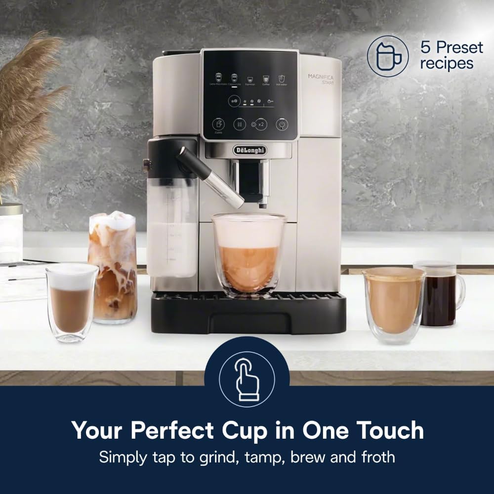 De'Longhi Magnifica Start Fully Automatic Espresso Machine with Integrated Milk Frother and Grinder.