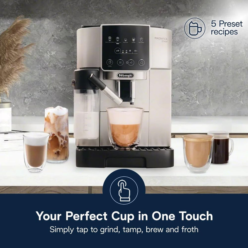 De'Longhi Magnifica Start Fully Automatic Espresso Machine with Integrated Milk Frother and Grinder.