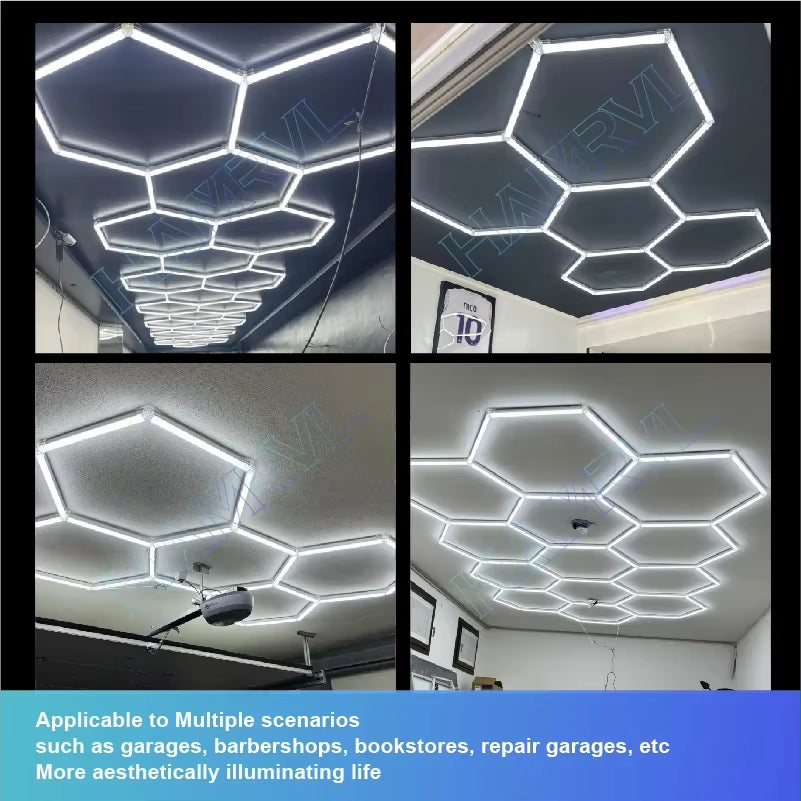 Hexagon LED Ceiling Lighting for Garage, Barbecue Shops, Barbershops, Gyms, Car Detailing Showrooms, and Workshops