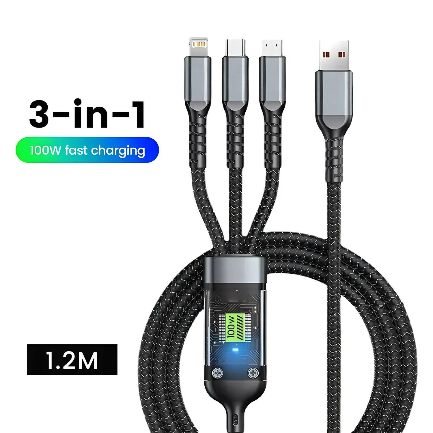 Transparent Luminous 3-in-1 Super Fast Charging Cable for iPhone 15/14/13 with Type-C and Micro USB Compatibility.