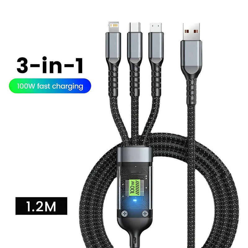 Transparent Luminous 3-in-1 Super Fast Charging Cable for iPhone 15/14/13 with Type-C and Micro USB Compatibility.