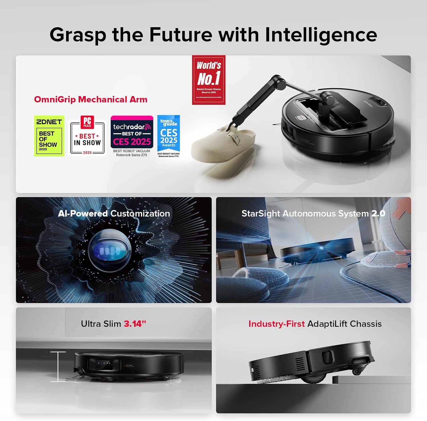 Roborock Saros Z70 AI-Powered Robot Vacuum and Mop.