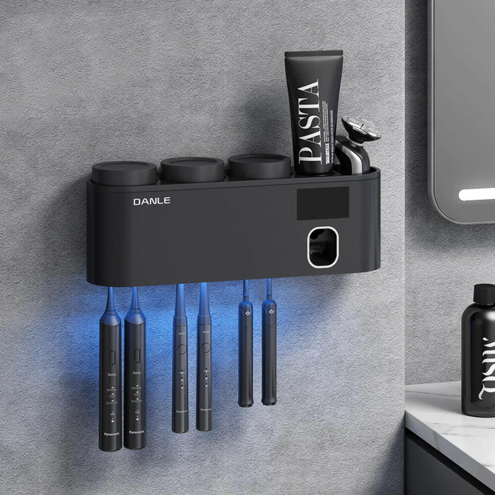 UV Toothbrush Sanitizer Holder with Rechargeable Wireless Design and Wall-Mounted Hands-Free Toothpaste Dispenser.