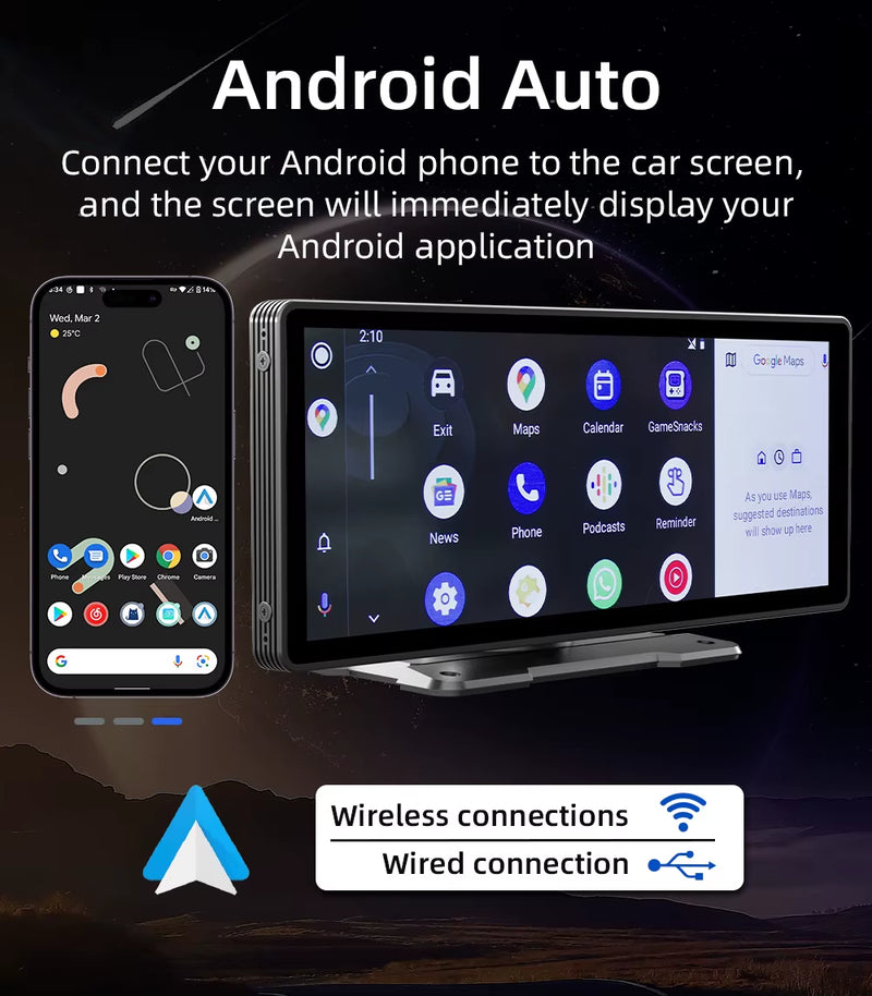 BQCC 10.26-Inch Portable Wireless CarPlay Display with HD Rearview Camera, Car Radio, DVR, MP5 Multimedia Video Player, and Android Auto Integration