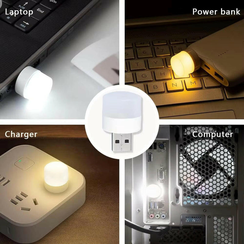 Collage of a small LED light being used on a laptop, power bank, charger, and computer.