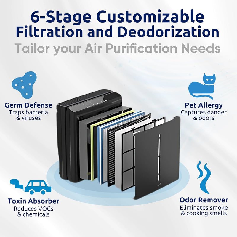 Rabbit Air A3 SPA-1000N Ultra Quiet HEPA Air Purifier - Wall-Mountable Solution for Large Spaces, Effectively Eliminates Allergens, Dust, Mold, Smoke, and VOCs (Black, Germ Defense Filter).