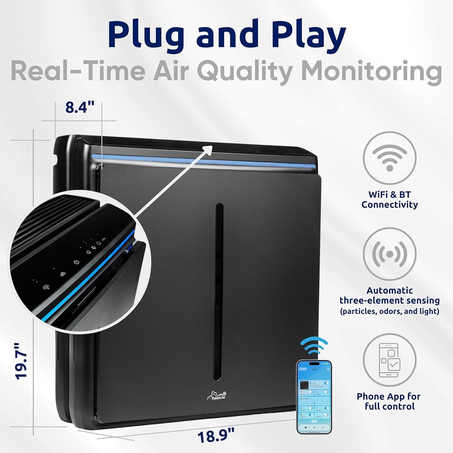 Rabbit Air A3 SPA-1000N Ultra Quiet HEPA Air Purifier - Wall-Mountable Solution for Large Spaces, Effectively Eliminates Allergens, Dust, Mold, Smoke, and VOCs (Black, Germ Defense Filter).