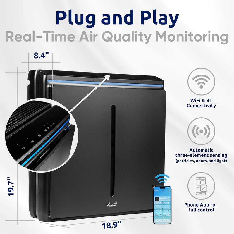 Rabbit Air A3 SPA-1000N Ultra Quiet HEPA Air Purifier - Wall-Mountable Solution for Large Spaces, Effectively Eliminates Allergens, Dust, Mold, Smoke, and VOCs (Black, Germ Defense Filter).