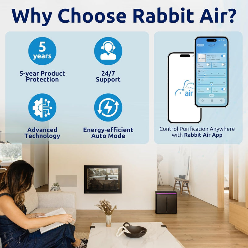 Rabbit Air A3 SPA-1000N Ultra Quiet HEPA Air Purifier - Wall-Mountable Solution for Large Spaces, Effectively Eliminates Allergens, Dust, Mold, Smoke, and VOCs (Black, Germ Defense Filter).