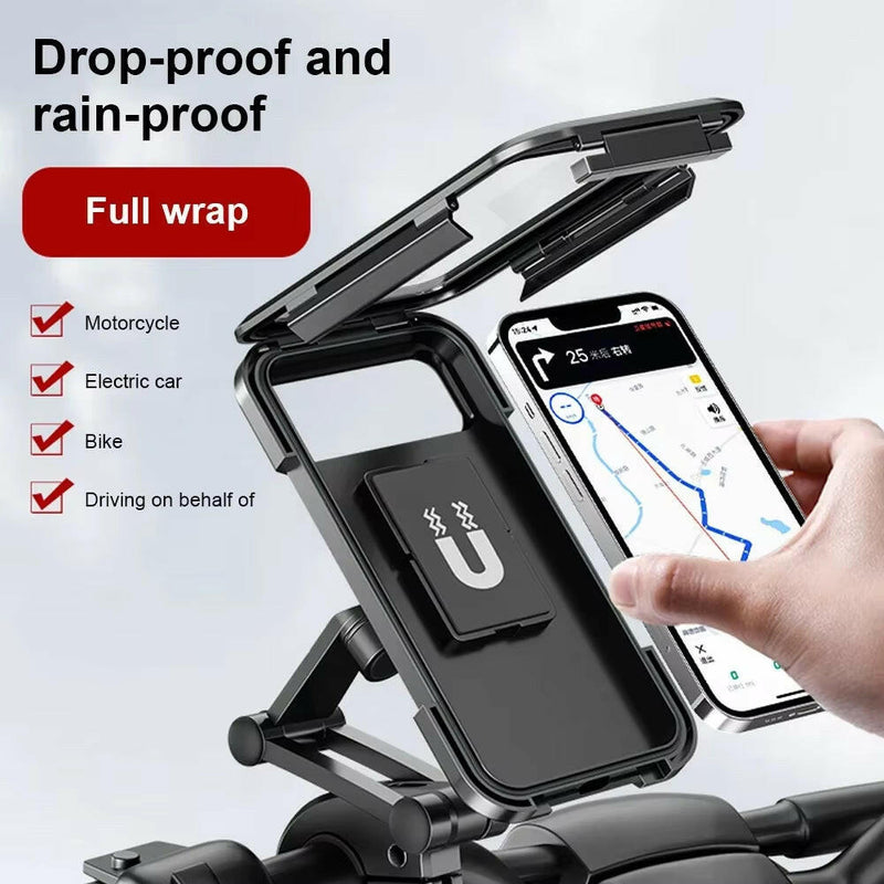 Universal Waterproof Motorcycle and Bicycle Mobile Phone Holder with Magnetic 360° Swivel and Adjustable Features.