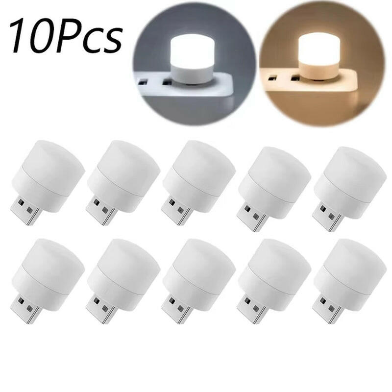 10 white USB light bulbs on a white background with close-up insets showing their use.