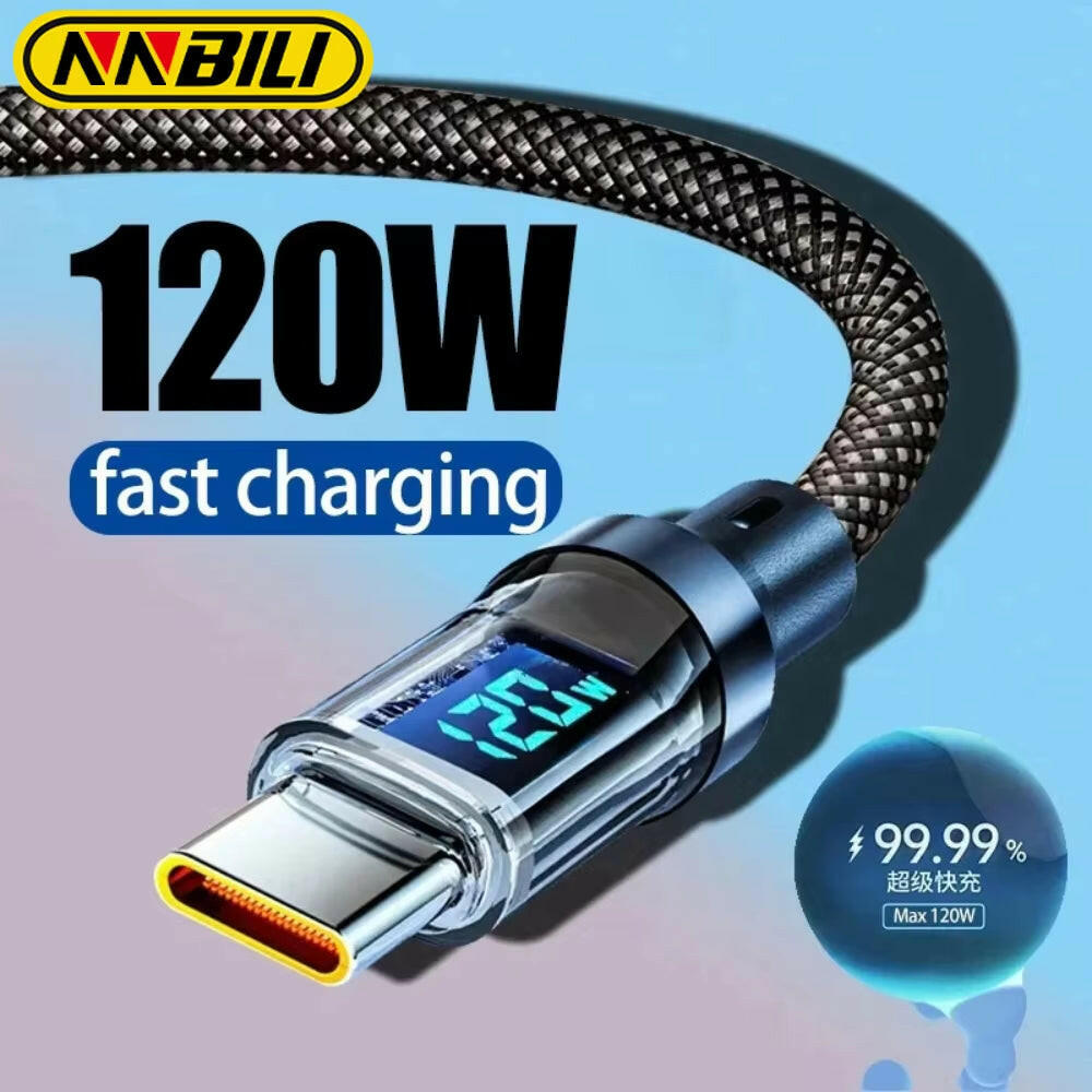 120W LED Digital Display USB Type-C Quick Charge Cable for OPPO, VIVO, and Huawei Fast Charging Data Transfer.