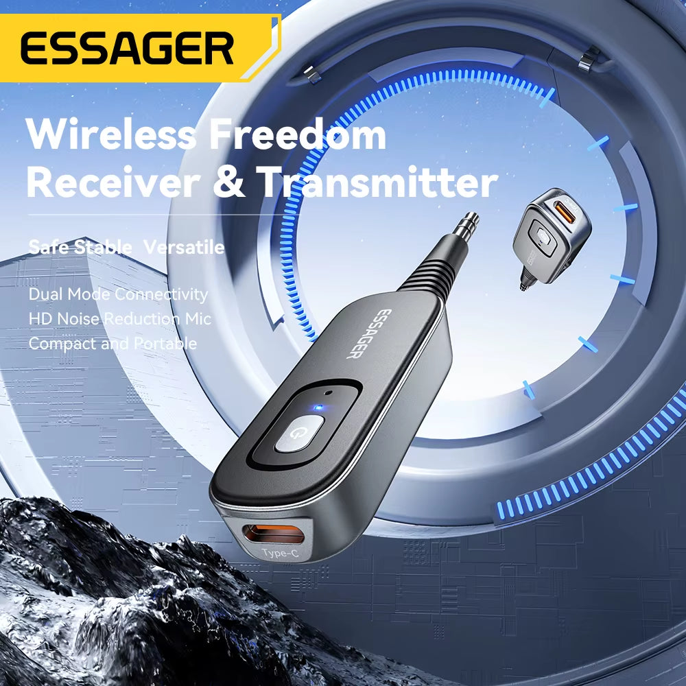 Bluetooth 5.1 Audio Receiver and Transmitter with 3.5mm AUX and Microphone for Wireless Stereo Music Streaming on PC, TV, and Car Speakers.